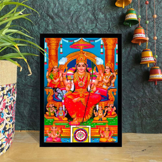 Framed art print of Goddess Tripura Sundari seated on a throne, surrounded by celestial beings, with vibrant colors and intricate details.