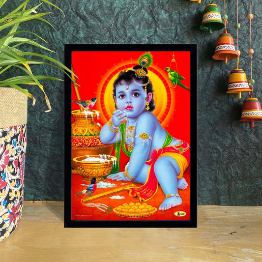 Baby Krishna indulging in butter with vibrant red background, intricate details, and joyful expression.