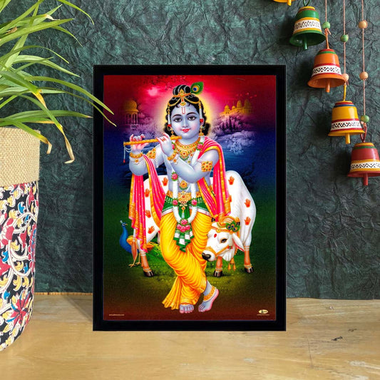 Lord Krishna playing the flute with a serene white cow and colorful backdrop, symbolizing love and harmony.