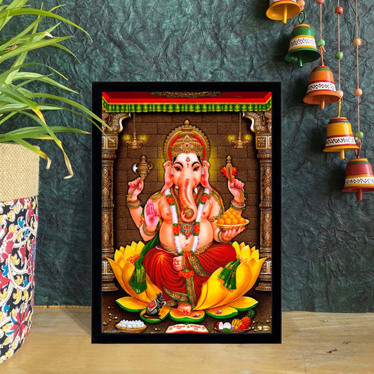 Vibrant artwork of Lord Ganesha seated on a golden lotus, with intricate detailing and a spiritual backdrop.