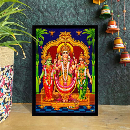 Lord Murugan standing with Valli and Devayani in a vibrant and intricately detailed fiber artwork with ornate arch and blue background.