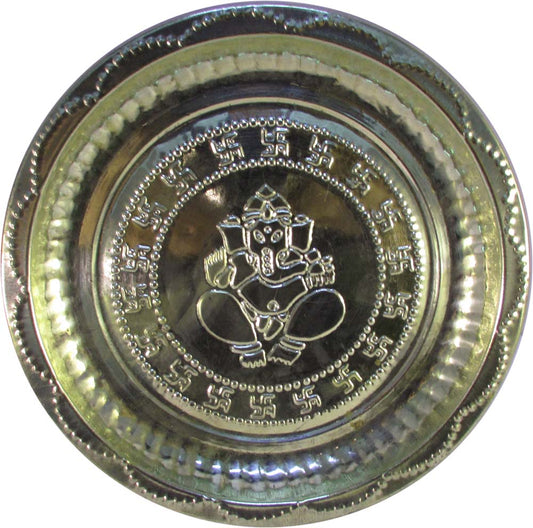 Eternal Ganesh Brass Puja Plate with embossed flower design.