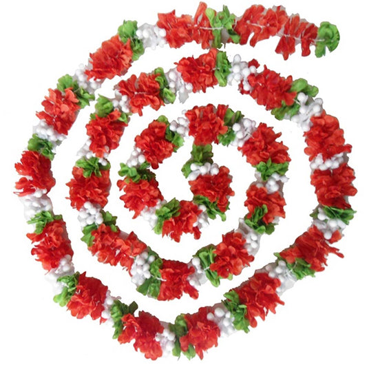 Kadambam red fabric flower garland with white and green accents arranged in a spiral pattern, suitable for traditional and festive decor.