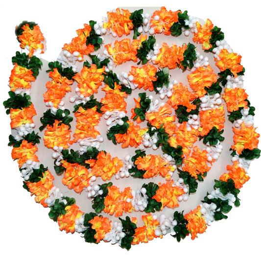 Kadambam flower garland in vibrant orange, white, and green colors, crafted for traditional Indian decor and festive occasions.