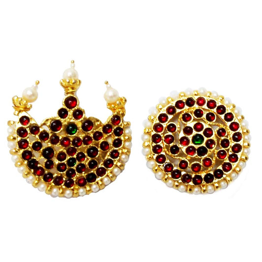 Traditional Temple Jewelry Sun & Moon Earrings with Kemp stones and pearl accents in a gold-tone finish