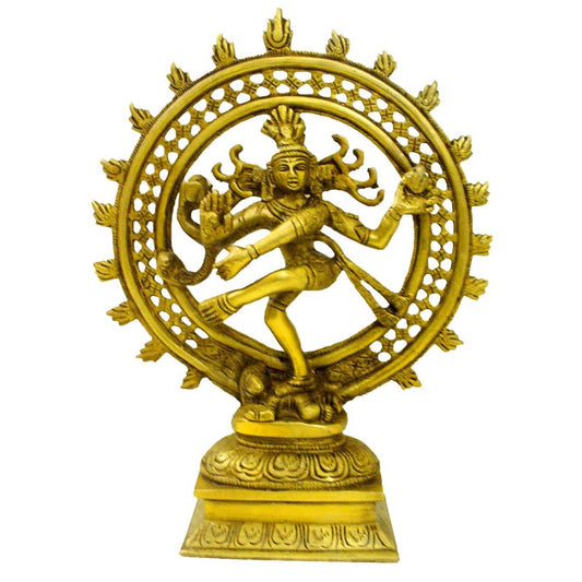 Eternal Nataraj Idol in antique brass finish, showcasing Lord Shiva in a cosmic dance pose within a circular frame of fire.