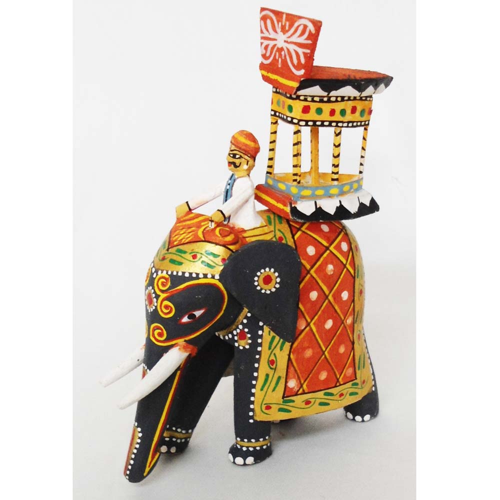 Handcrafted Kondapalli wooden elephant figurine with vibrant traditional patterns, a rider, and a decorative howdah, medium size.