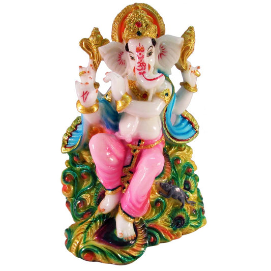 Handcrafted vibrant Ganesh idol with a peacock, symbolizing creativity, wisdom, and divine harmony.