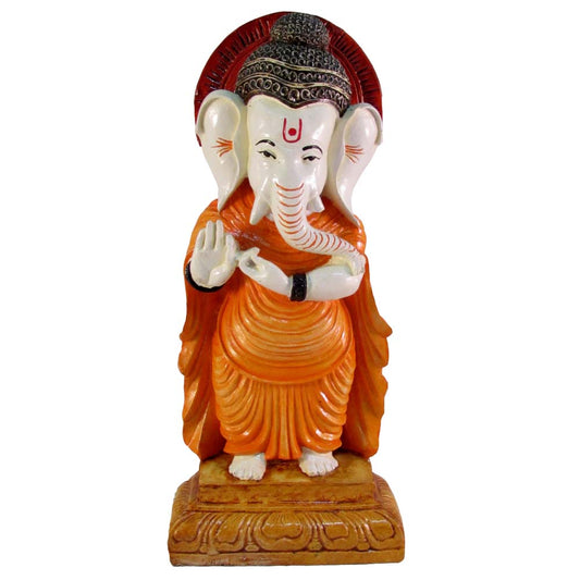 Handcrafted Enchanting Pandit Ganesha Statue with vibrant orange attire and intricate detailing.