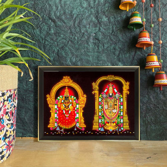 Lord Perumal and Goddess Thayar artwork featuring the deities standing within golden temple arches, adorned with vibrant floral garlands and rich detailing.