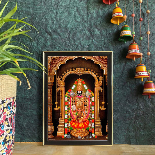 Lord Perumal framed artwork featuring the deity seated within a temple arch, adorned with floral garlands, golden carvings, and sacred lamps.