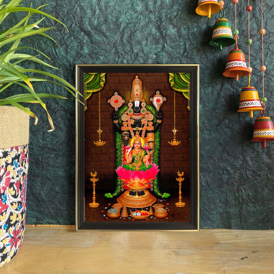 Perumal artwork featuring Lord Venkateshwara with Goddess Lakshmi seated on a pink lotus, surrounded by lamps and temple adornments.