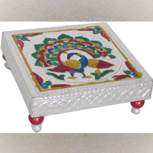 Decorative stool with plastic bead legs featuring a peacock design.