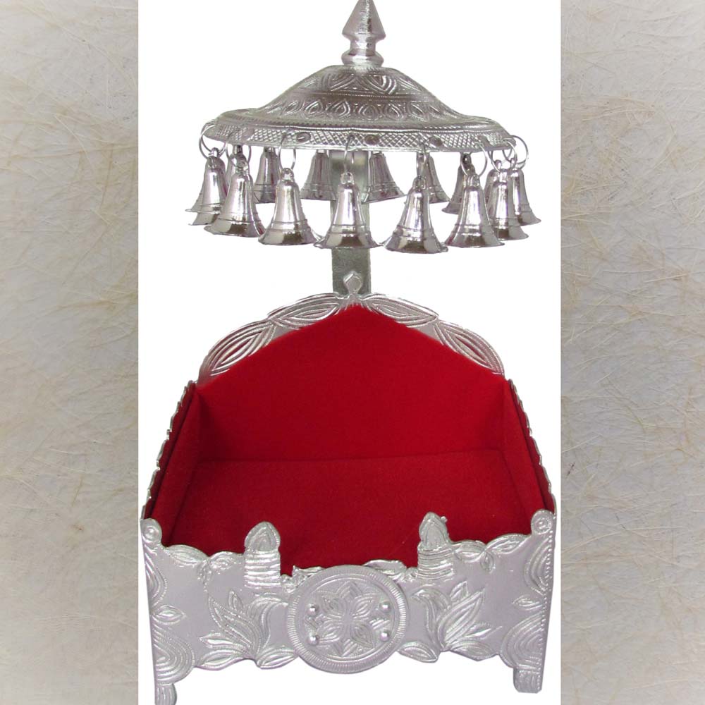 Silvery Simhasan square base with bells and red velvet interior.