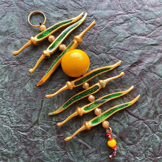 Silvery enamel lemon and chilli gold meena with green chillies and yellow lemon, symbolizing protection and good fortune.