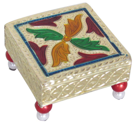 Decorative stool with plastic bead legs and peacock design.